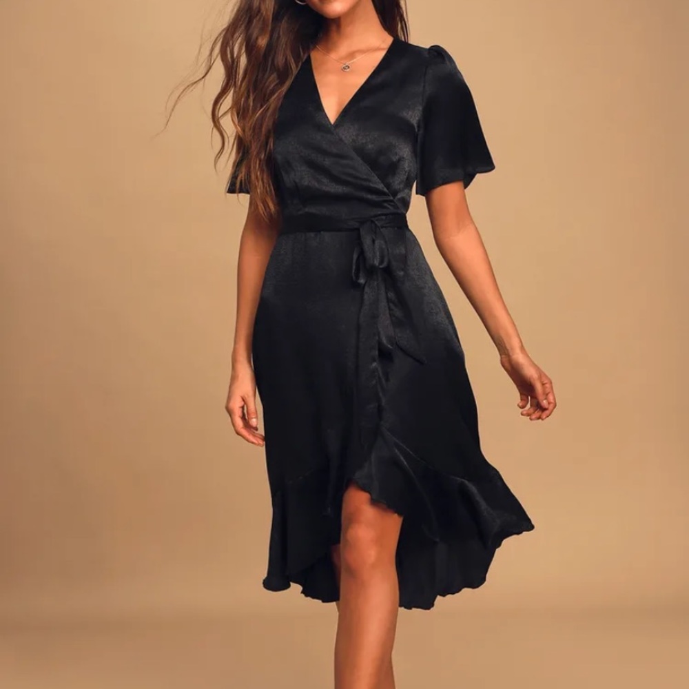 Lulus Small black satin faux wrap midi dress